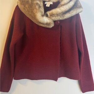 Ellen Tracy Burgundy Sweater with Faux Fur Collar
